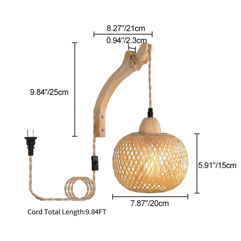 Traditional Vintage Square Skeleton Spherical Bamboo Rattan 1-Light Wall Sconce Lamp For Living Room