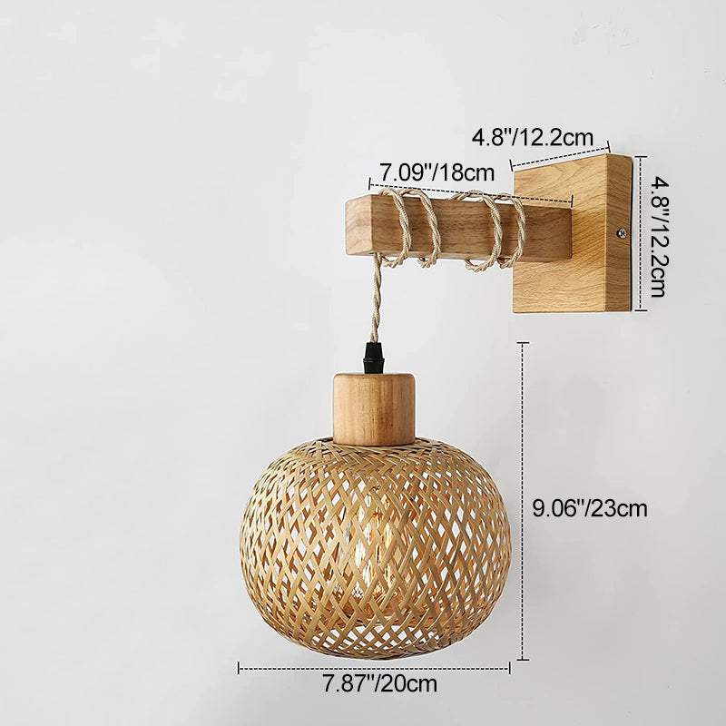 Traditional Vintage Square Skeleton Spherical Bamboo Rattan 1-Light Wall Sconce Lamp For Living Room