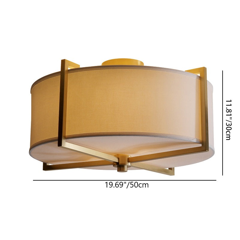 Traditional Vintage Round Cross Shape Fabric Copper 5-Light Semi-Flush Mount Ceiling Light For Living Room