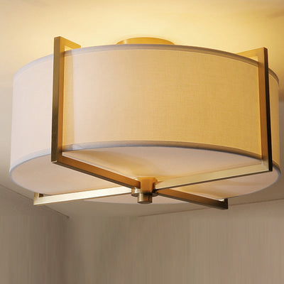 Traditional Vintage Round Cross Shape Fabric Copper 5-Light Semi-Flush Mount Ceiling Light For Living Room