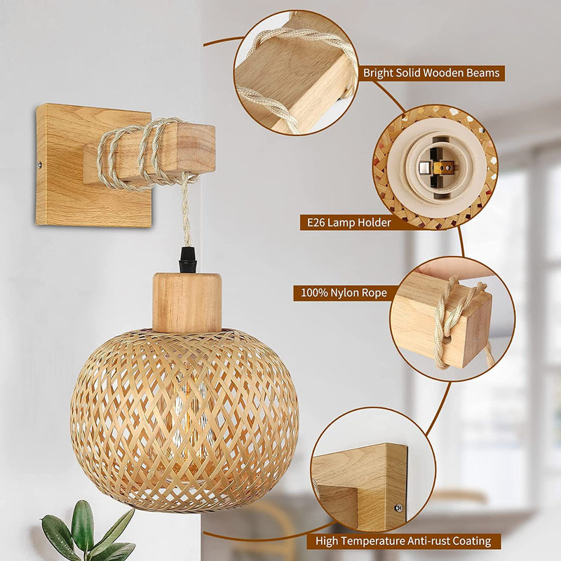 Traditional Vintage Square Skeleton Spherical Bamboo Rattan 1-Light Wall Sconce Lamp For Living Room
