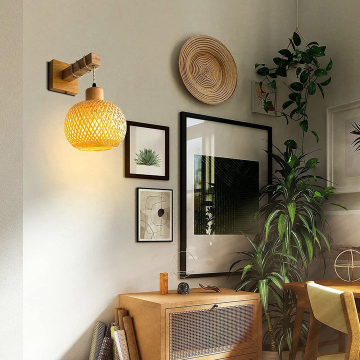 Traditional Vintage Square Skeleton Spherical Bamboo Rattan 1-Light Wall Sconce Lamp For Living Room