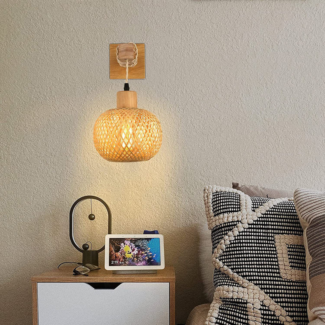 Traditional Vintage Square Skeleton Spherical Bamboo Rattan 1-Light Wall Sconce Lamp For Living Room