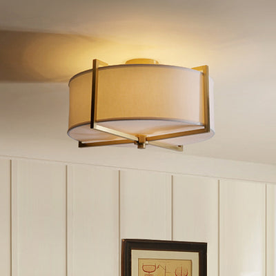Traditional Vintage Round Cross Shape Fabric Copper 5-Light Semi-Flush Mount Ceiling Light For Living Room