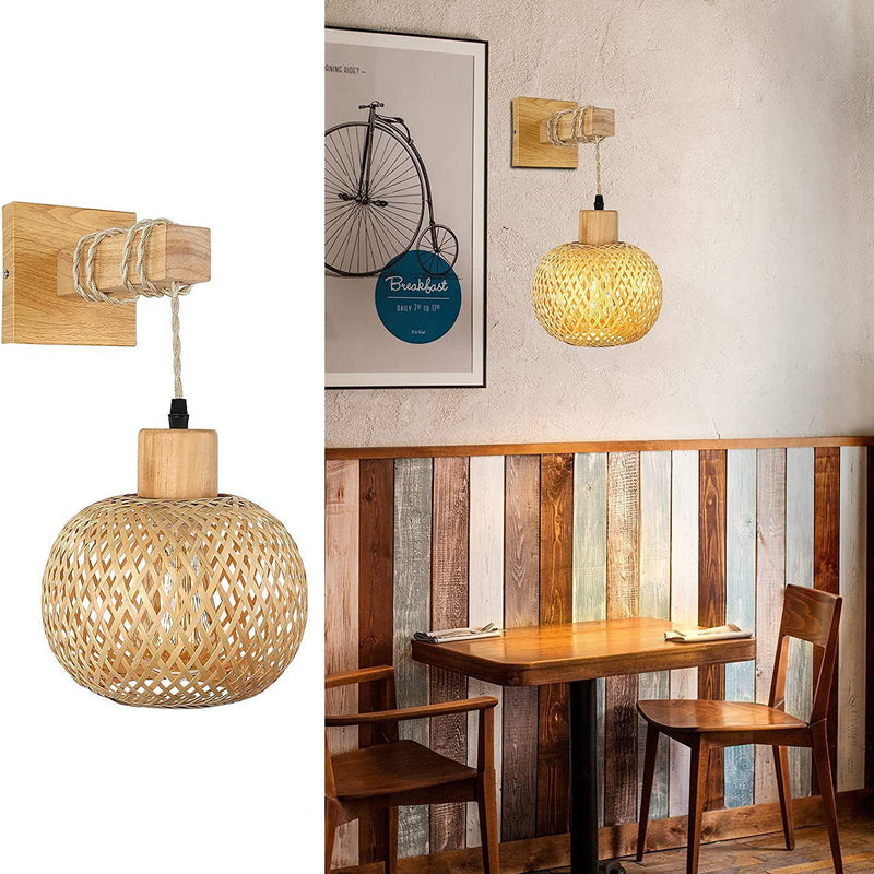 Traditional Vintage Square Skeleton Spherical Bamboo Rattan 1-Light Wall Sconce Lamp For Living Room