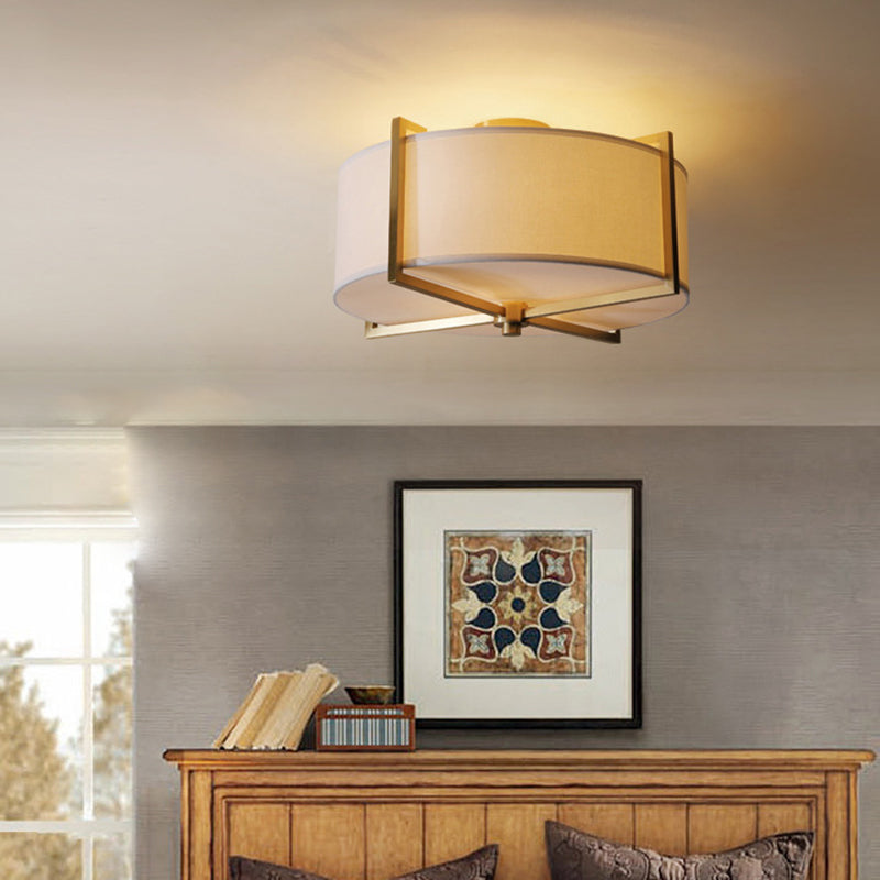 Traditional Vintage Round Cross Shape Fabric Copper 5-Light Semi-Flush Mount Ceiling Light For Living Room