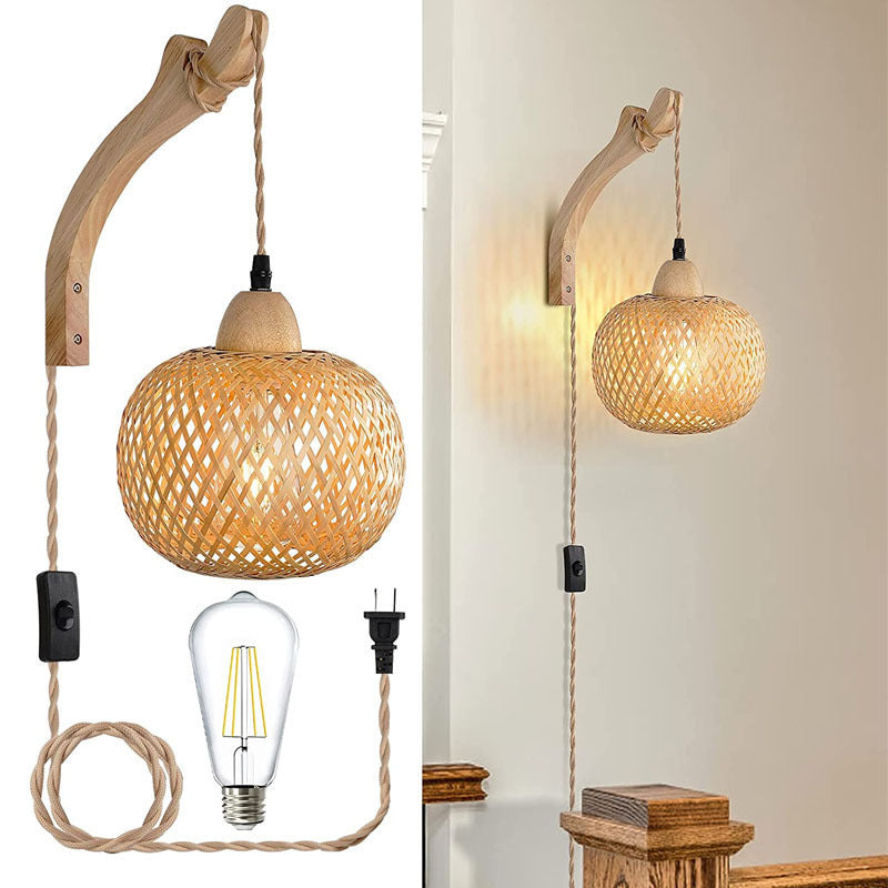 Traditional Vintage Square Skeleton Spherical Bamboo Rattan 1-Light Wall Sconce Lamp For Living Room