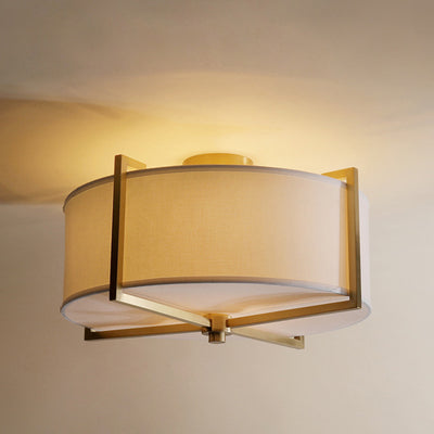 Traditional Vintage Round Cross Shape Fabric Copper 5-Light Semi-Flush Mount Ceiling Light For Living Room