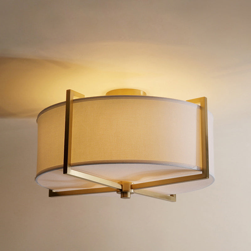 Traditional Vintage Round Cross Shape Fabric Copper 5-Light Semi-Flush Mount Ceiling Light For Living Room