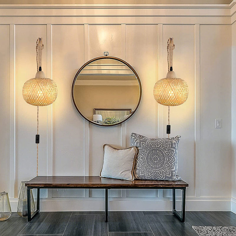Traditional Vintage Square Skeleton Spherical Bamboo Rattan 1-Light Wall Sconce Lamp For Living Room