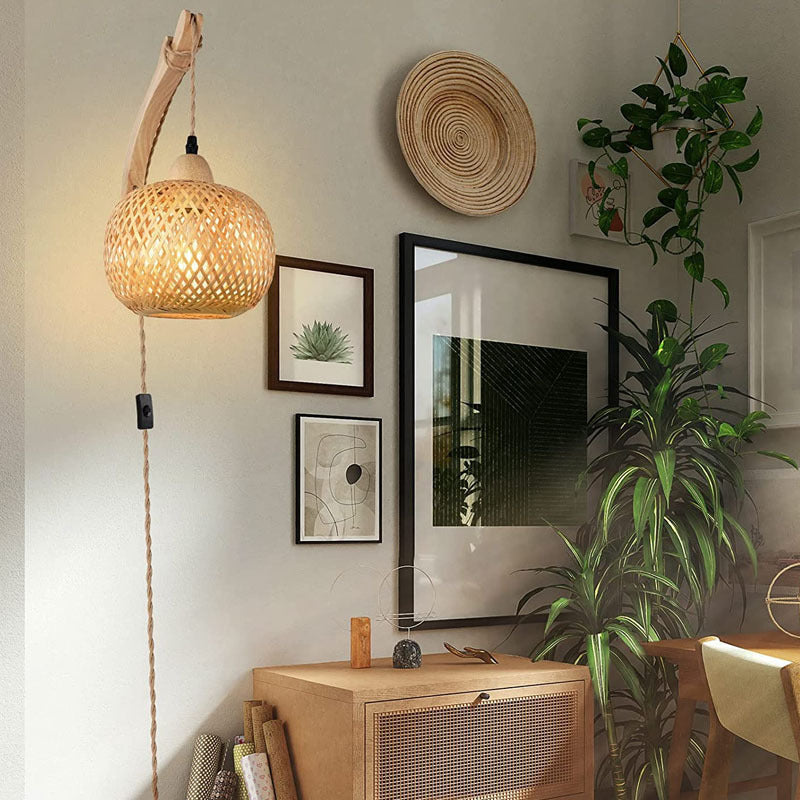 Traditional Vintage Square Skeleton Spherical Bamboo Rattan 1-Light Wall Sconce Lamp For Living Room