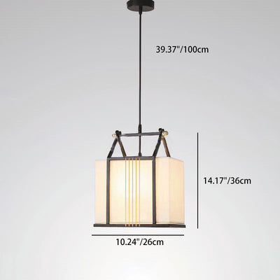 Traditional Chinese Square House Shape Fabric Iron 1-Light Pendant Light For Living Room