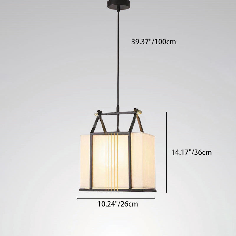 Traditional Chinese Square House Shape Fabric Iron 1-Light Pendant Light For Living Room