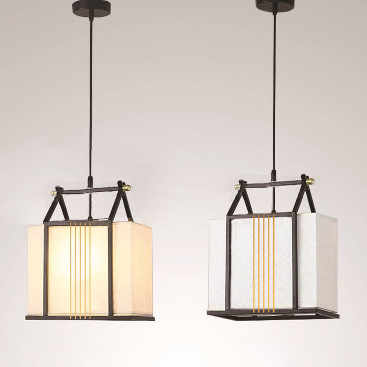 Lampe suspendue en tissu en forme de maison carrée chinoise traditionnelle en fer avec 1 lumière pour salon 