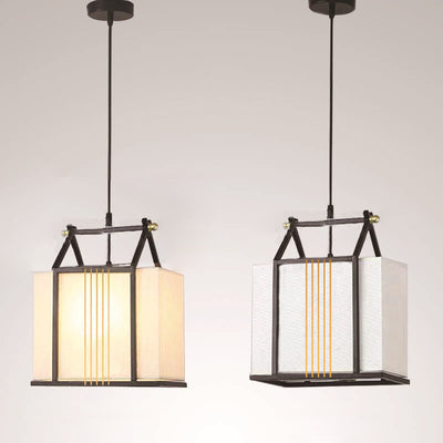 Traditional Chinese Square House Shape Fabric Iron 1-Light Pendant Light For Living Room
