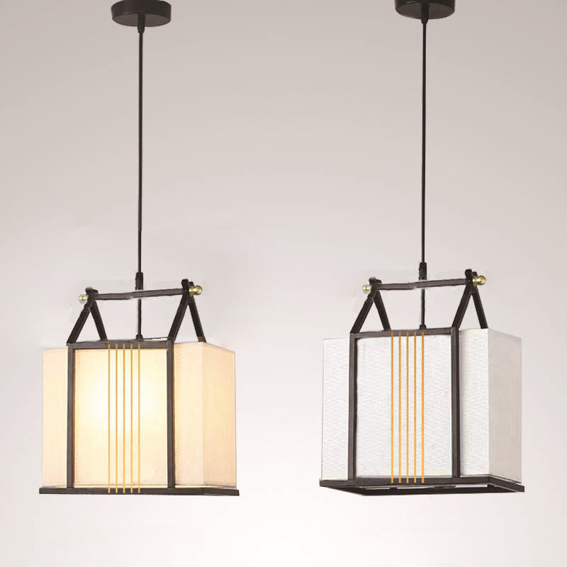 Traditional Chinese Square House Shape Fabric Iron 1-Light Pendant Light For Living Room