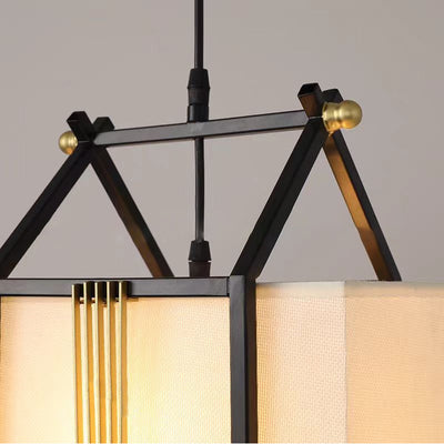 Traditional Chinese Square House Shape Fabric Iron 1-Light Pendant Light For Living Room