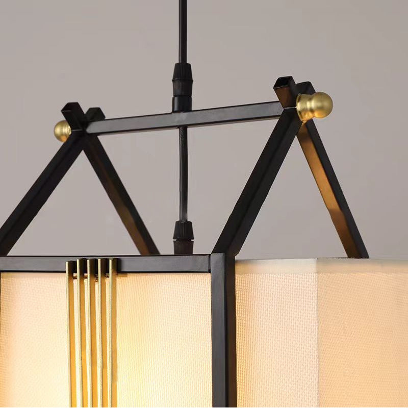 Traditional Chinese Square House Shape Fabric Iron 1-Light Pendant Light For Living Room
