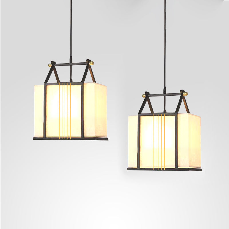 Traditional Chinese Square House Shape Fabric Iron 1-Light Pendant Light For Living Room