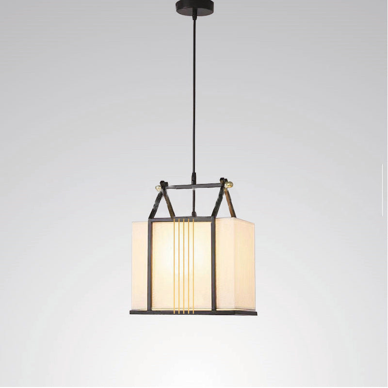 Traditional Chinese Square House Shape Fabric Iron 1-Light Pendant Light For Living Room