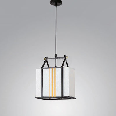 Traditional Chinese Square House Shape Fabric Iron 1-Light Pendant Light For Living Room