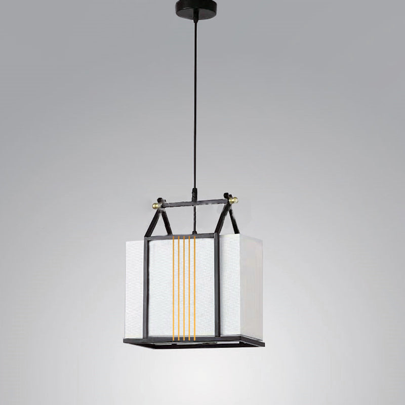 Traditional Chinese Square House Shape Fabric Iron 1-Light Pendant Light For Living Room