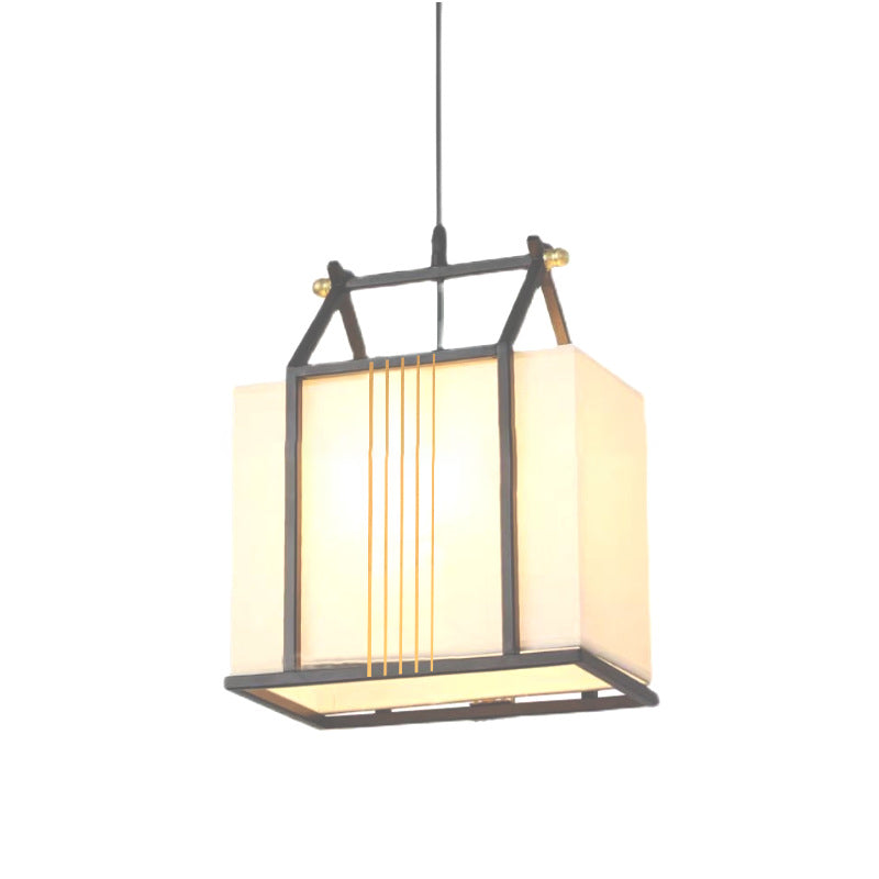 Traditional Chinese Square House Shape Fabric Iron 1-Light Pendant Light For Living Room