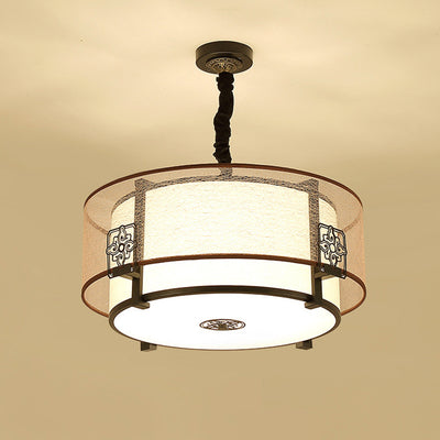 Traditional Chinese Round Bamboo Patterned Fabric Iron 3-Light Chandelier For Living Room