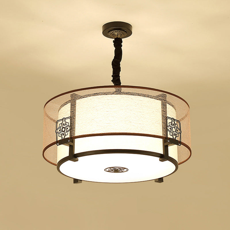 Traditional Chinese Round Bamboo Patterned Fabric Iron 3-Light Chandelier For Living Room