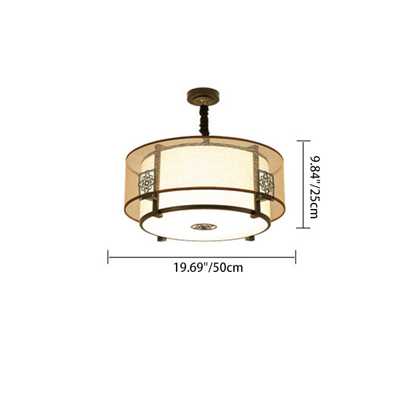Traditional Chinese Round Bamboo Patterned Fabric Iron 3-Light Chandelier For Living Room
