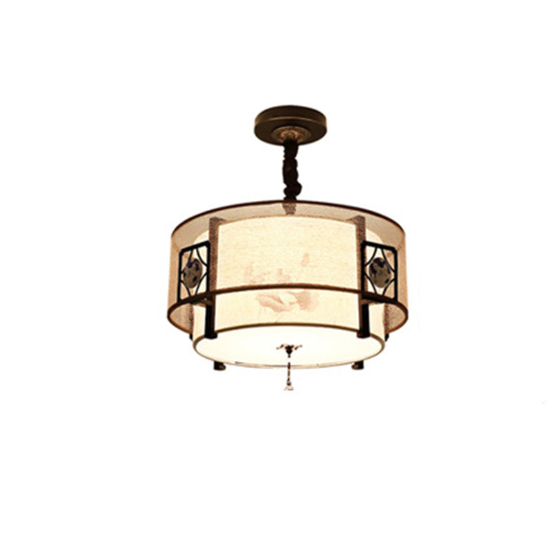 Traditional Chinese Round Bamboo Patterned Fabric Iron 3-Light Chandelier For Living Room
