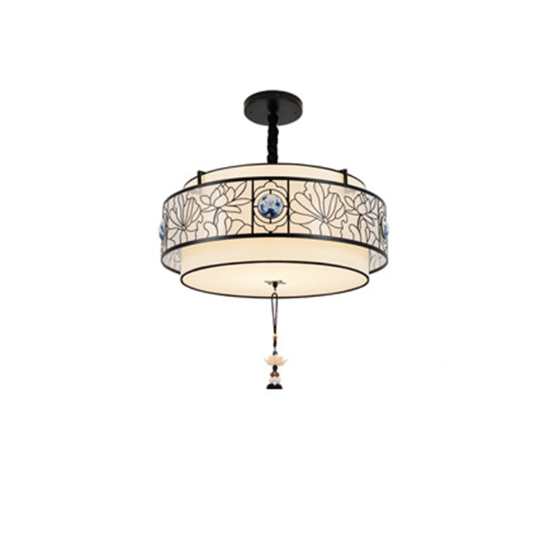 Traditional Chinese Round Bamboo Patterned Fabric Iron 3-Light Chandelier For Living Room