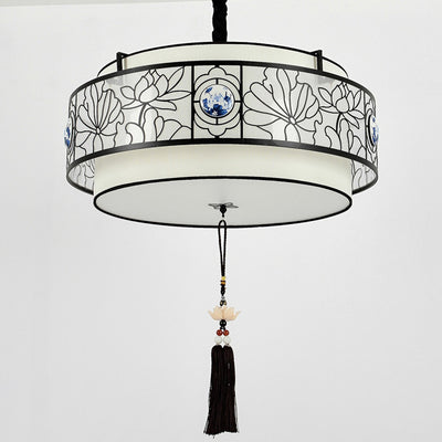 Traditional Chinese Round Bamboo Patterned Fabric Iron 3-Light Chandelier For Living Room