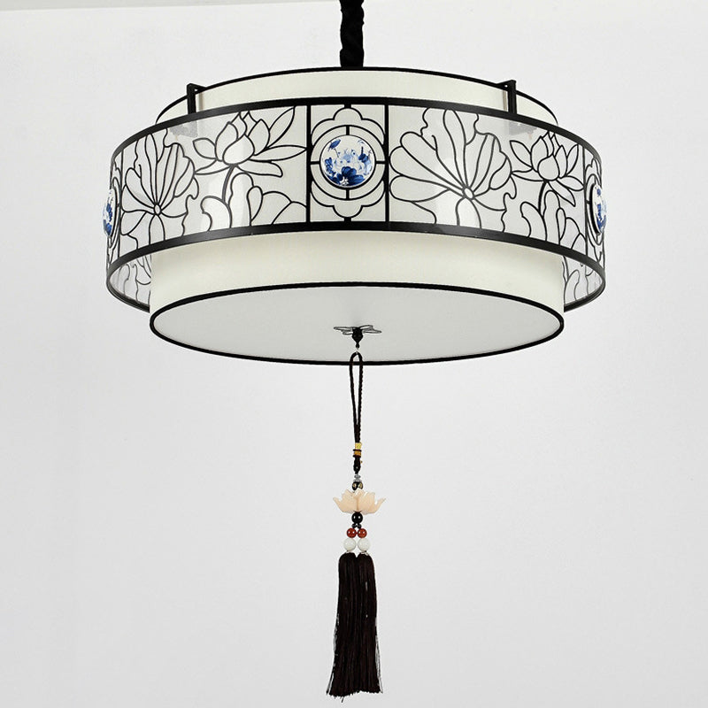 Traditional Chinese Round Bamboo Patterned Fabric Iron 3-Light Chandelier For Living Room