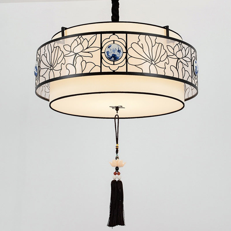 Traditional Chinese Round Bamboo Patterned Fabric Iron 3-Light Chandelier For Living Room