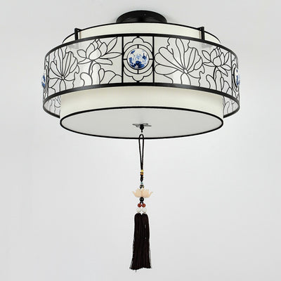 Traditional Chinese Round Bamboo Patterned Fabric Iron 3-Light Chandelier For Living Room
