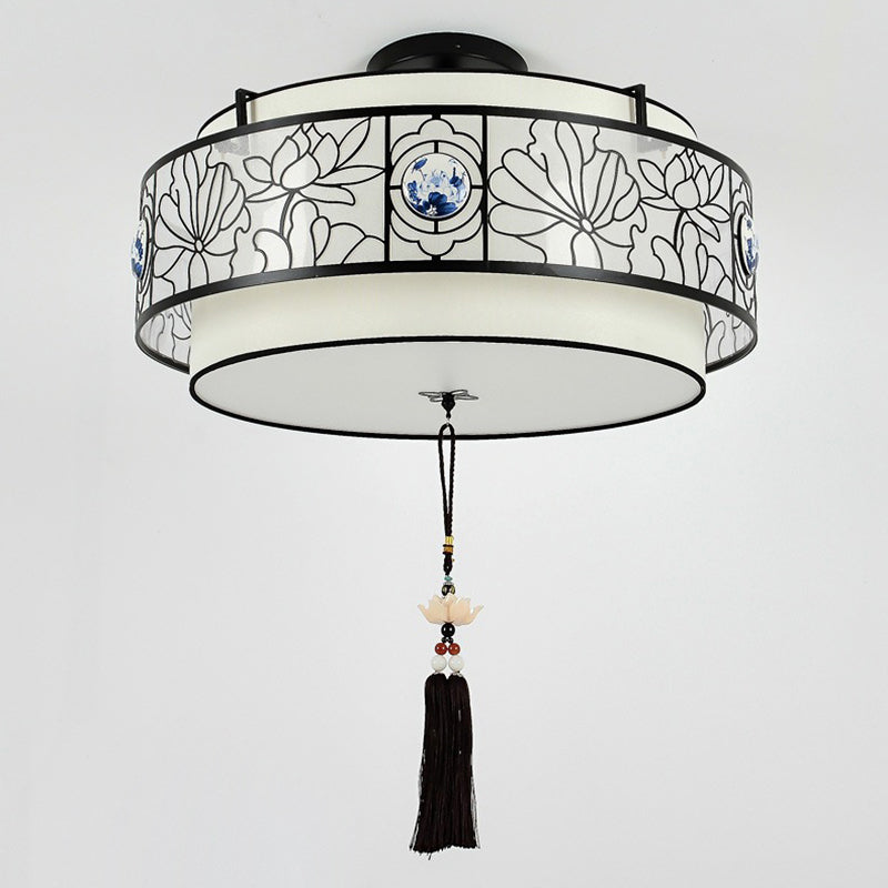 Traditional Chinese Round Bamboo Patterned Fabric Iron 3-Light Chandelier For Living Room
