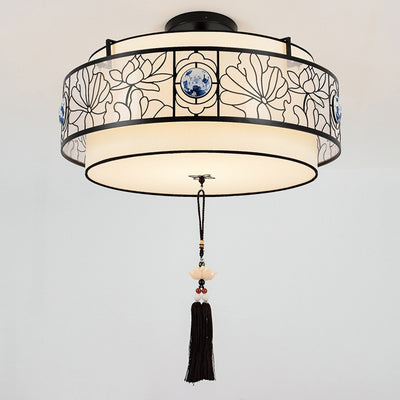 Traditional Chinese Round Bamboo Patterned Fabric Iron 3-Light Chandelier For Living Room