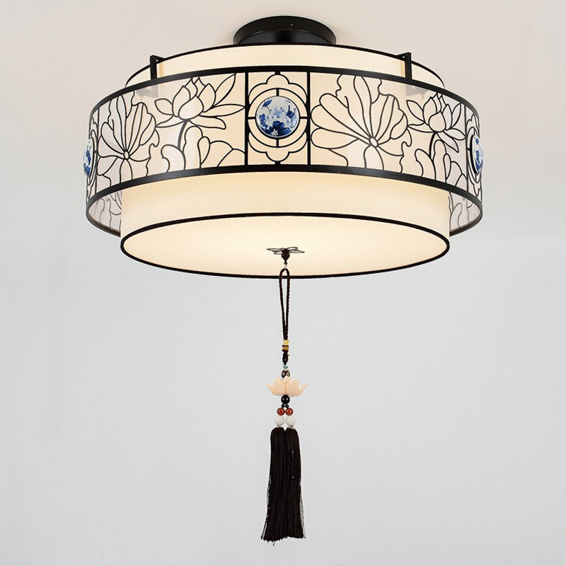 Traditional Chinese Round Bamboo Patterned Fabric Iron 3-Light Chandelier For Living Room