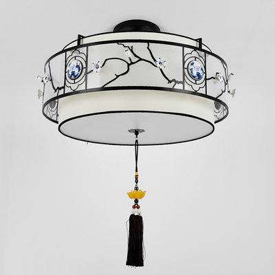 Traditional Chinese Round Bamboo Patterned Fabric Iron 3-Light Chandelier For Living Room