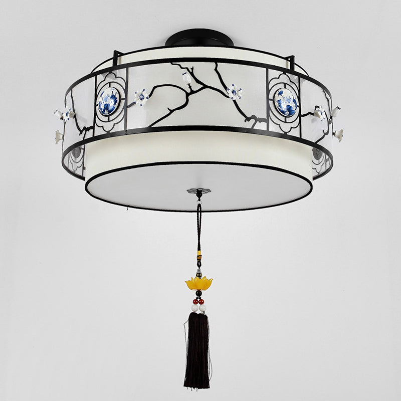 Traditional Chinese Round Bamboo Patterned Fabric Iron 3-Light Chandelier For Living Room
