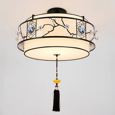 Traditional Chinese Round Bamboo Patterned Fabric Iron 3-Light Chandelier For Living Room