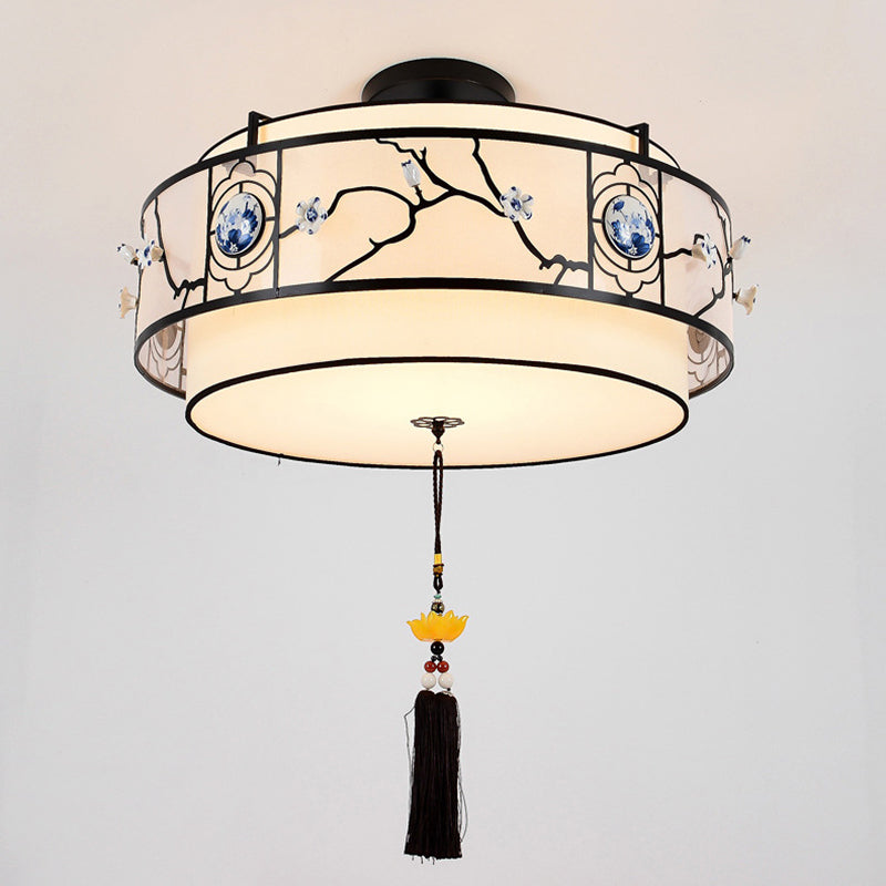 Traditional Chinese Round Bamboo Patterned Fabric Iron 3-Light Chandelier For Living Room