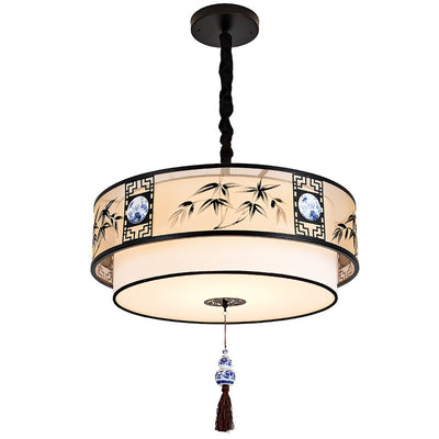 Traditional Chinese Round Bamboo Patterned Fabric Iron 3-Light Chandelier For Living Room