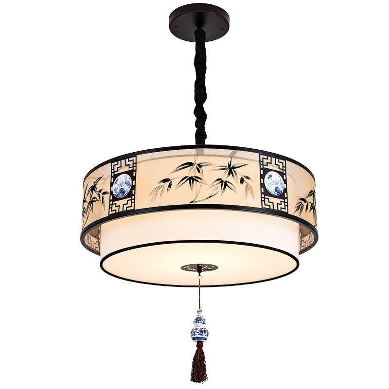 Traditional Chinese Round Bamboo Patterned Fabric Iron 3-Light Chandelier For Living Room