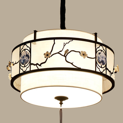 Traditional Chinese Round Bamboo Patterned Fabric Iron 3-Light Chandelier For Living Room