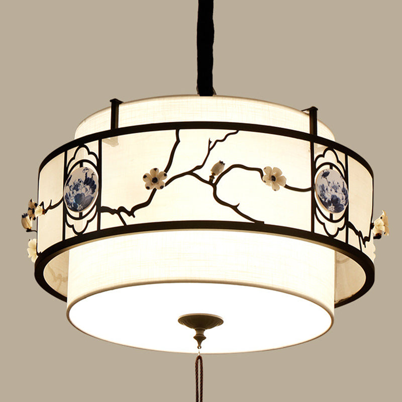 Traditional Chinese Round Bamboo Patterned Fabric Iron 3-Light Chandelier For Living Room