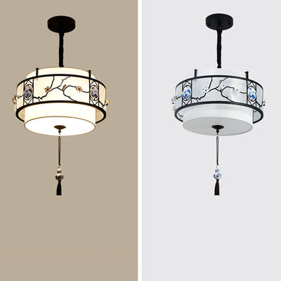 Traditional Chinese Round Bamboo Patterned Fabric Iron 3-Light Chandelier For Living Room