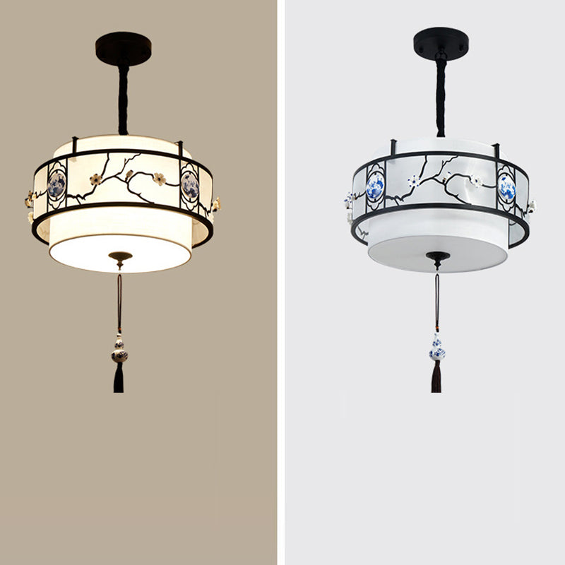 Traditional Chinese Round Bamboo Patterned Fabric Iron 3-Light Chandelier For Living Room