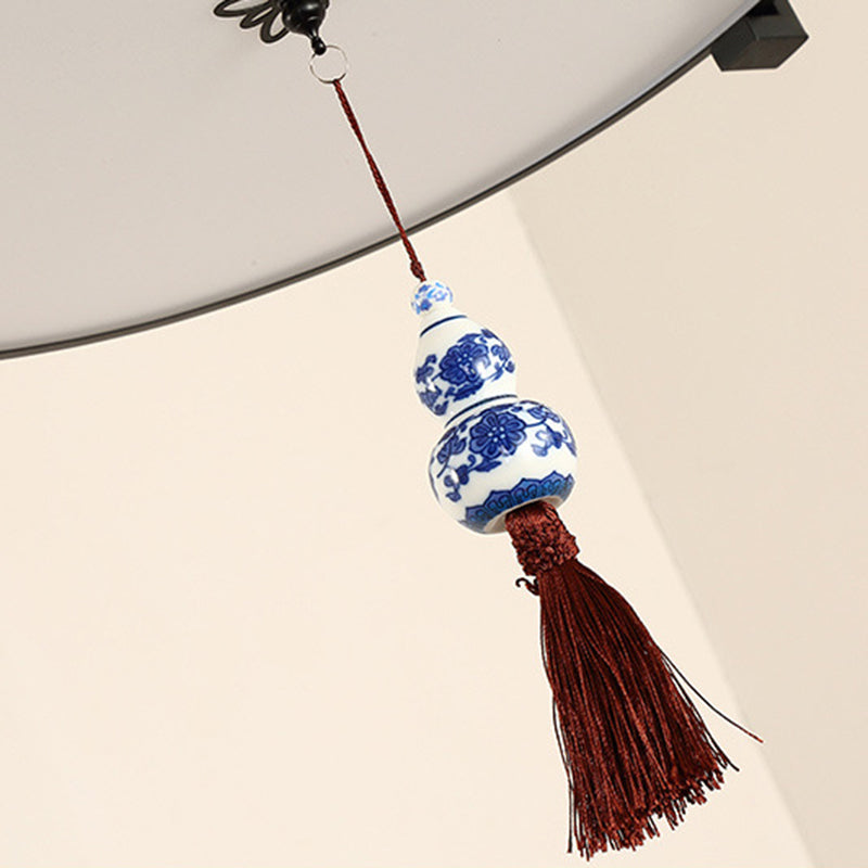 Traditional Chinese Round Bamboo Patterned Fabric Iron 3-Light Chandelier For Living Room